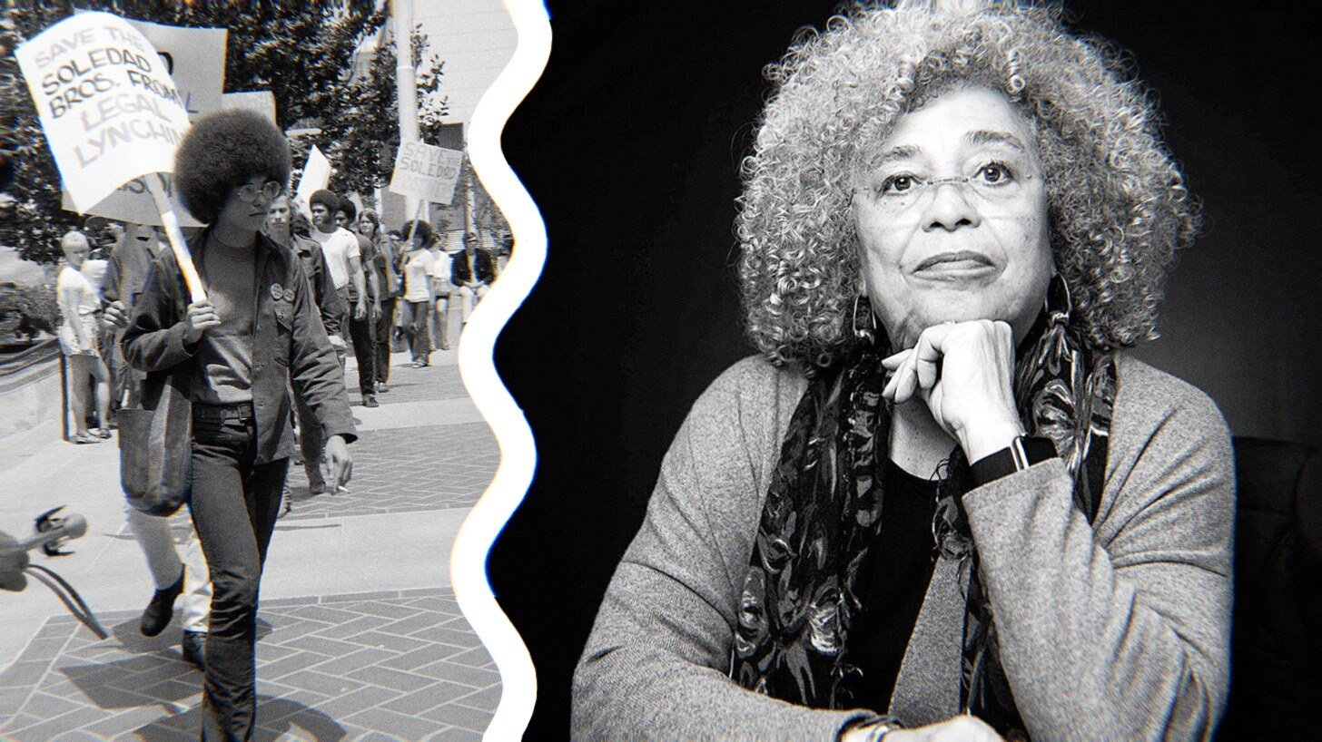 Two photos of Angela Davis; one from 1970 where she is protesting on behalf of the Soledad brothers, and the other a recent headshot, where she rests her chin on her fist.