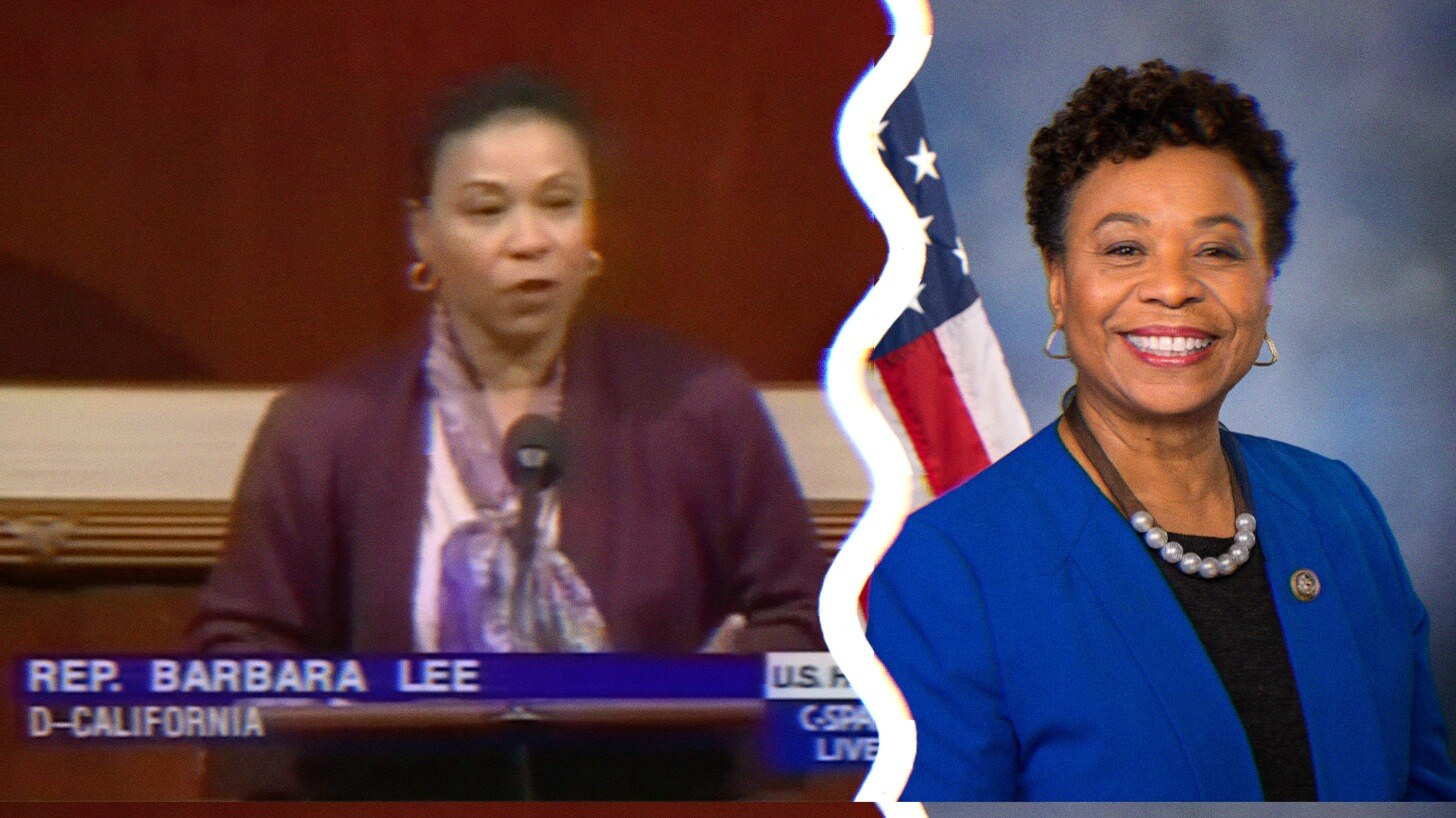 Two photos of Barbara Lee; one from a House speech in 1999, and the other her official Congress portrait.