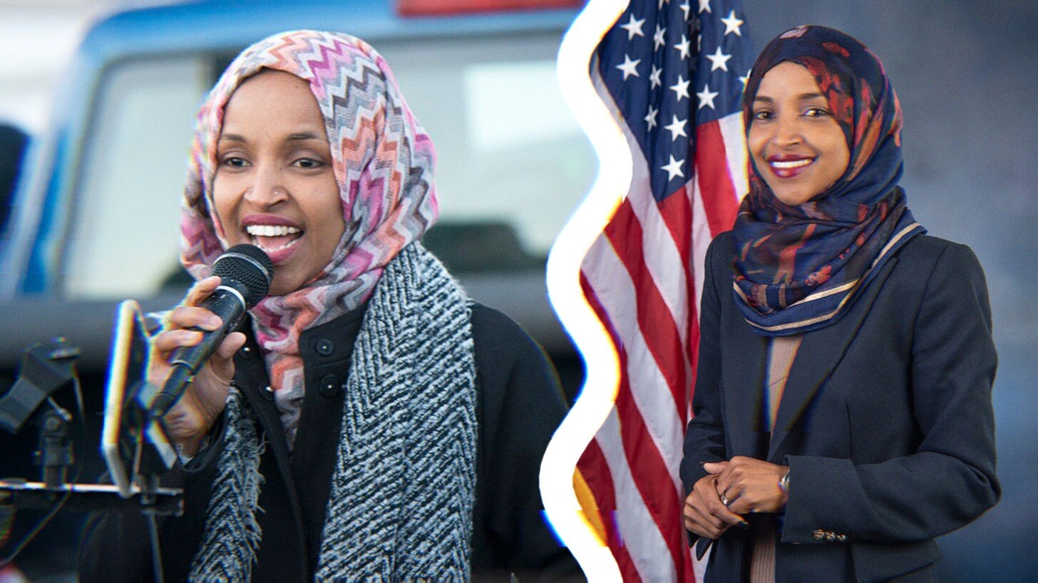Two photos of Rep. Ilhan Omar. One of her speaking at a rally, the other her official Congress portrait.