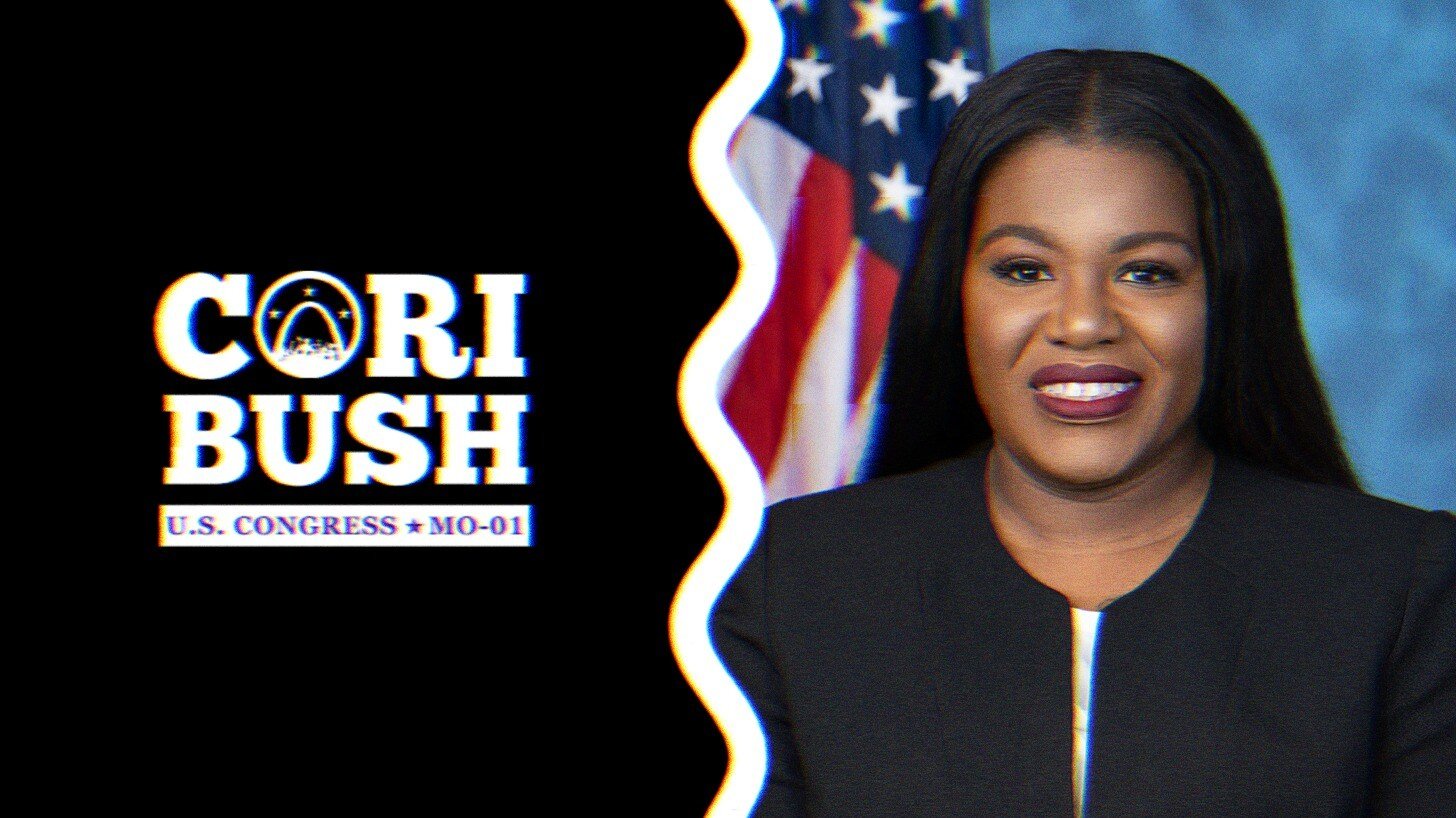 Cori Bush's campaign logo alongside her official Congress portrait.